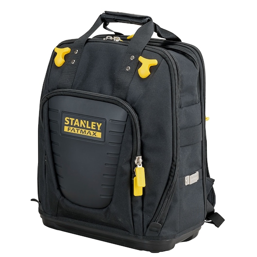 Photo of STANLEY FMST1-80144 tool backpack, black with yellow accents, hard front panel, front angle on white background.