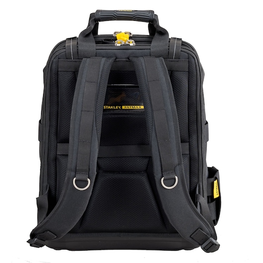 STANLEY FMST1-80144 black tool backpack, rear angle showing padded straps and handle.