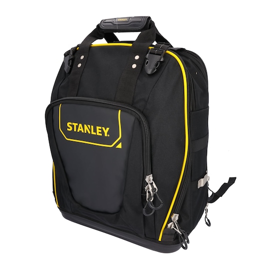 STANLEY FMST1-80144 black and yellow tool backpack, front angle, zippered pockets, sturdy handle.