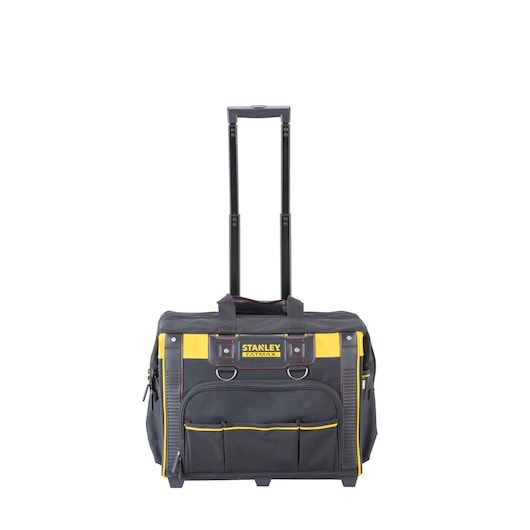 STANLEY FMST1-80148 tool bag with wheels and telescopic handle, black and yellow, front view on white background.
