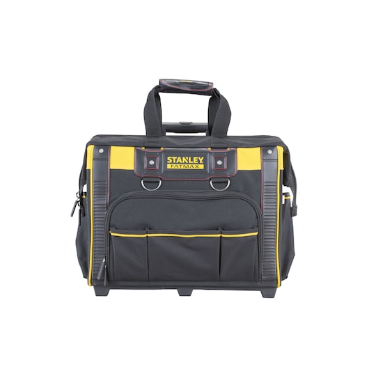 STANLEY FMST1-80148 tool bag, front angle, black and yellow with multiple pockets and sturdy handles.
