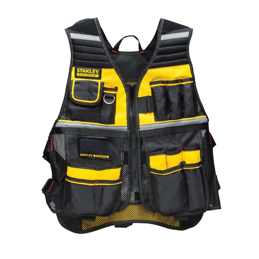 STANLEY FMST530201 tool vest with multiple black and yellow pockets, front view, photography of product.