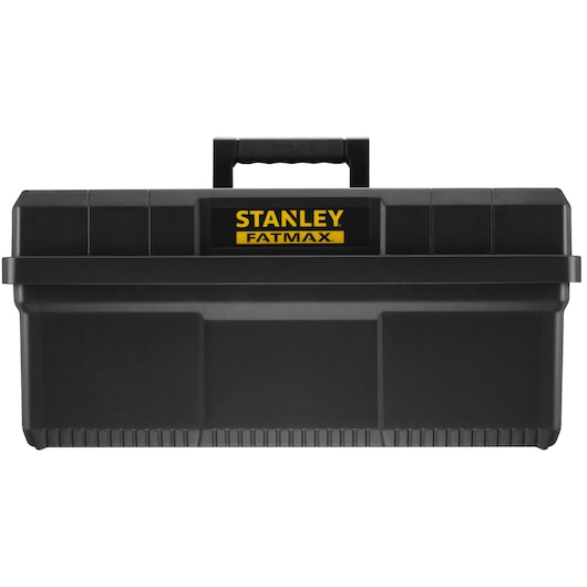 Stanley FatMax black toolbox with handle, shown closed, durable design for storing tools.