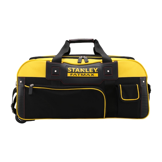 Photo of STANLEY FMST82706-1 tool bag, black and yellow, front view with multiple pockets and carrying handles.