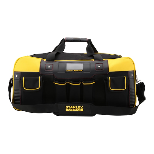 STANLEY FMST82706-1 tool bag, yellow and black, front view with multiple exterior pockets and handles.