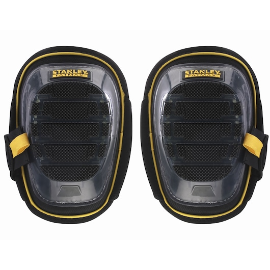 STANLEY FMST82960-1 knee pads with clear plastic caps, black and yellow, front view on white background.