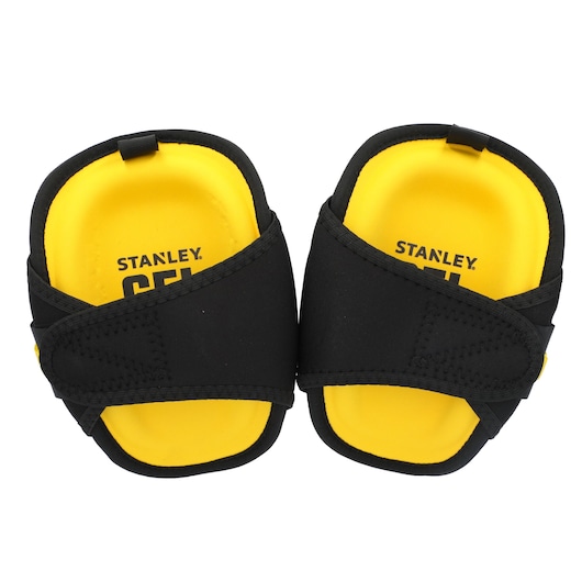 STANLEY FMST82960-1 black and yellow gel knee pads, photography, top view on white background.