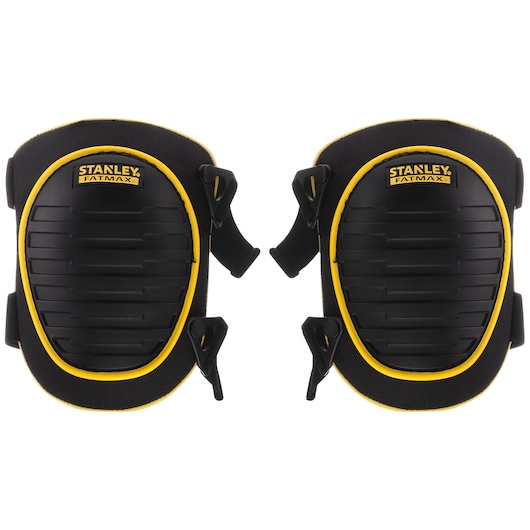 Stanley FMST82961-1 black and yellow FatMax knee pads, front view, with hard shell and adjustable straps.