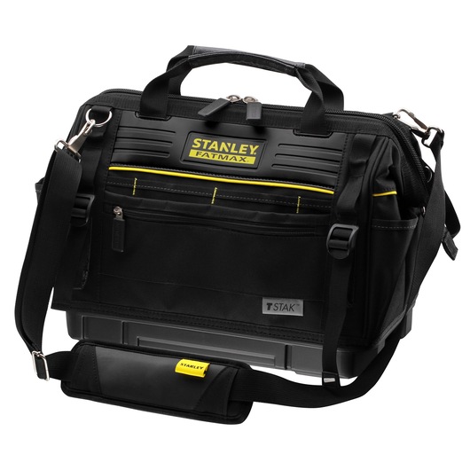 STANLEY FMST83297-1 tool bag with shoulder strap, black with yellow accents, front angle, white background.