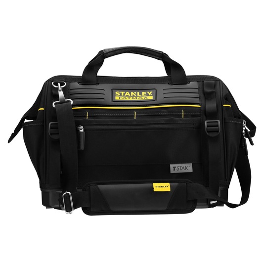 STANLEY FMST83297-1 tool bag, black with yellow accents, Fatmax logo, front angle on white background.