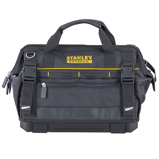 STANLEY FMST83297-1 black tool bag with yellow accents, front view, featuring multiple pockets and handles.