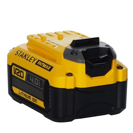STANLEY V20 4.0Ah Lithium Ion battery SB204-KR, yellow and black, photography, front angle view.
