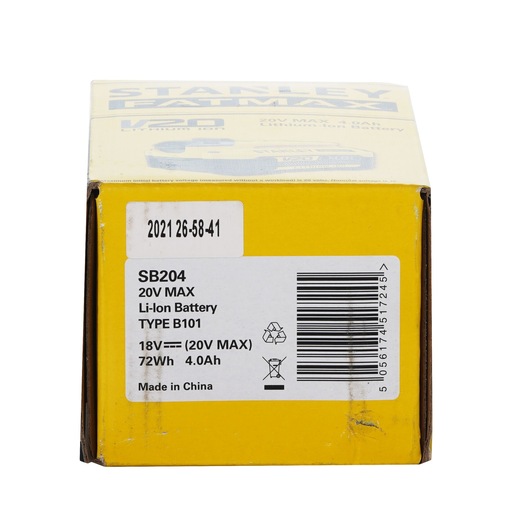 STANLEY SB204-KR yellow box front view, Li-Ion battery details and barcode visible.