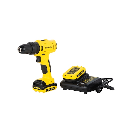 Stanley SCH12S2K yellow cordless drill set with battery and charger, front angle on white background.
