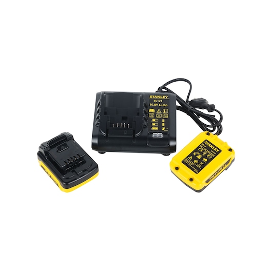 STANLEY SCH12S2K charger kit with two black and yellow 10.8V Li-Ion batteries, front angle on white background.