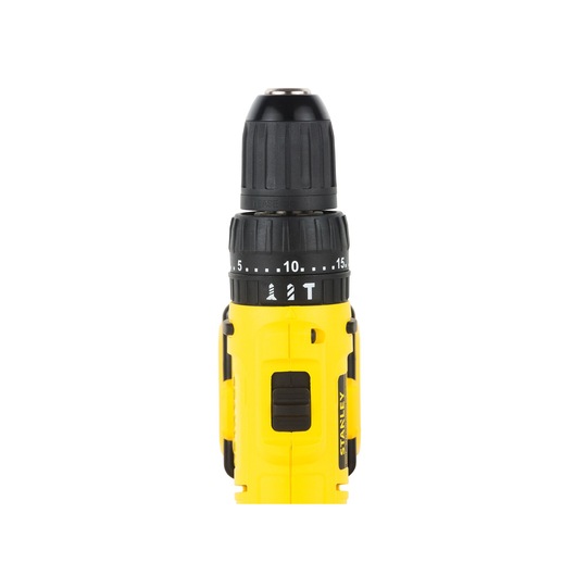 STANLEY SCH12S2K yellow cordless drill front view on white background.