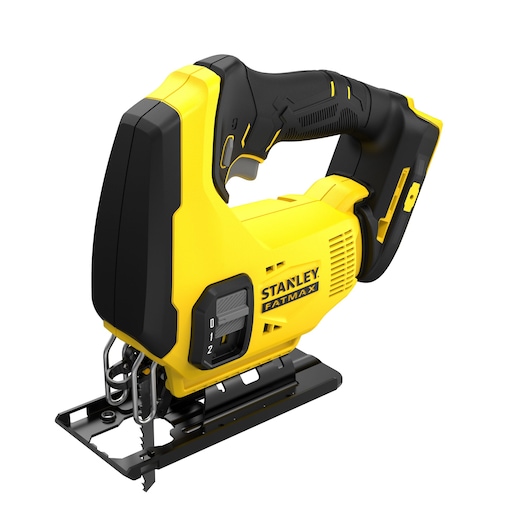 STANLEY SCJ600 jigsaw, yellow and black, FATMAX line, angled right on white background, ergonomic handle.