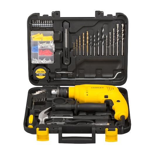 Impact Hammer Drill STANLEY 600W in its hard case with accessories front view