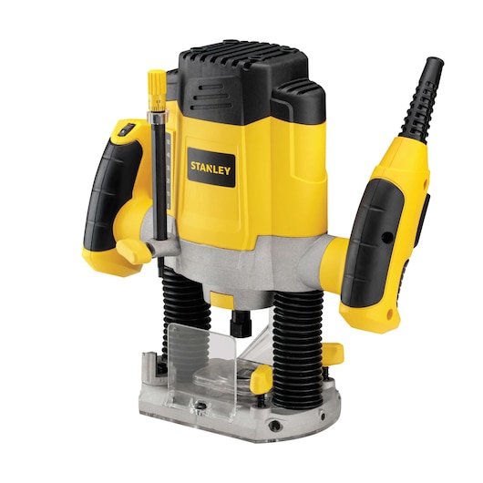 STANLEY SRR1200-AR photography front view yellow and black plunge router tool with dual handles.
