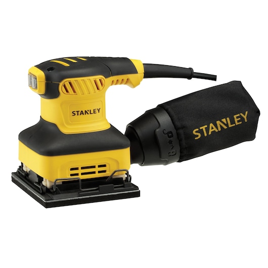 STANLEY SS24-B3 yellow and black square palm sander with dust bag, front right angle, photography.