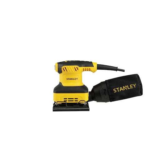Photo of STANLEY SS24-B3 yellow and black sheet sander with dust bag, side view on white background.