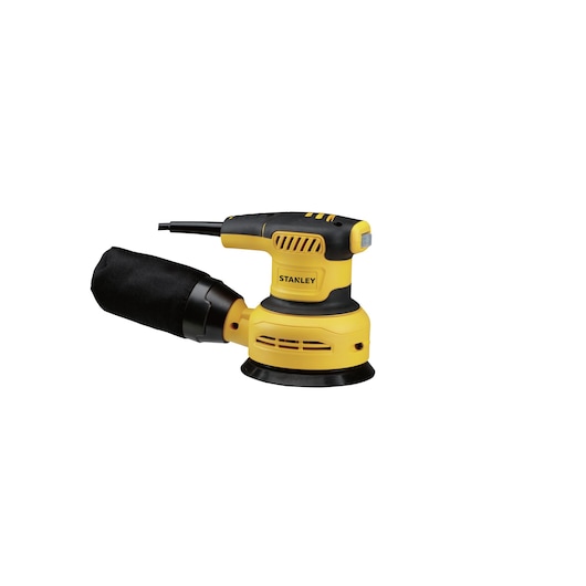 Photo of STANLEY SS30 yellow and black random orbital sander with dust bag, side angle, on white background.