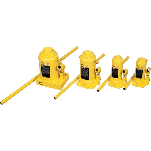 STANLEY ST92001CE set of yellow hydraulic bottle jacks, various sizes, side angle on white background.