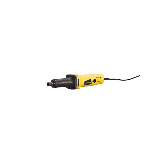 Stanley yellow electric die grinder tool with a black handle and cord, shown on a white background.
