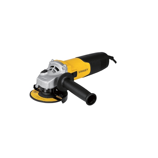 Stanley yellow and black angle grinder with side handle and cutting disc, shown against a white background.