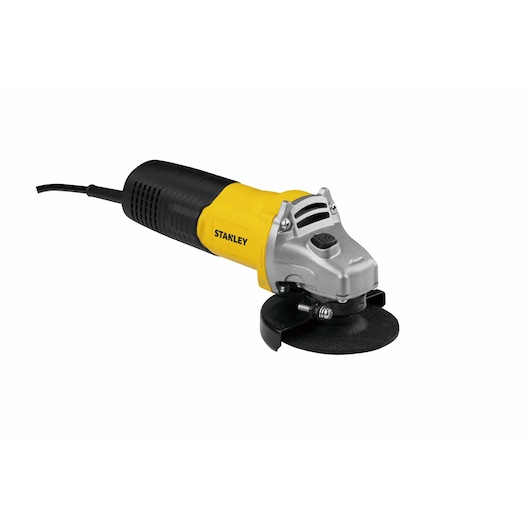 Stanley STGT6100 angle grinder with black and yellow body, shown on a white background.