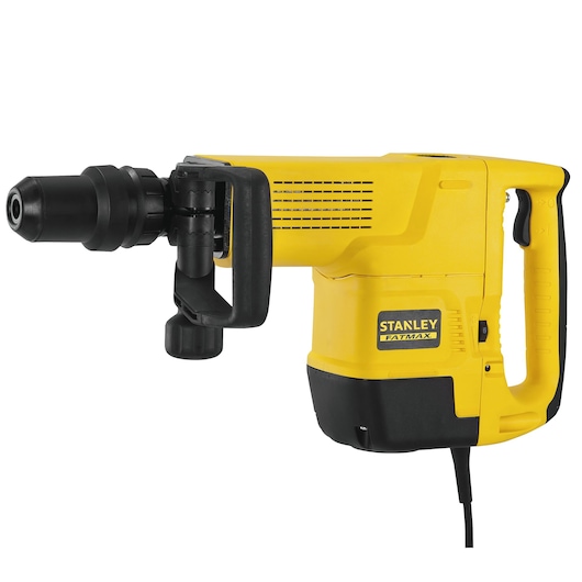 Photo of STANLEY STHM10K rotary hammer, yellow and black, side angle, with ergonomic handle.