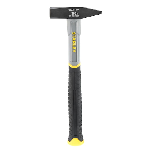STANLEY STHT0-51907 hammer, black and yellow handle, front angle photo.