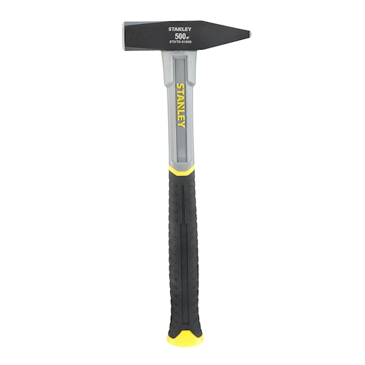 Photo of STANLEY STHT0-51908 black and yellow engineer hammer, front angle, textured handle, white background.