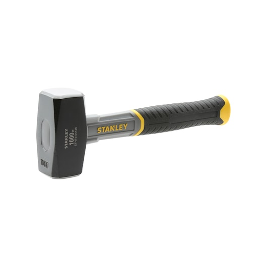STANLEY STHT0-54126 club hammer, black and yellow grip, steel head, left angle on white background.