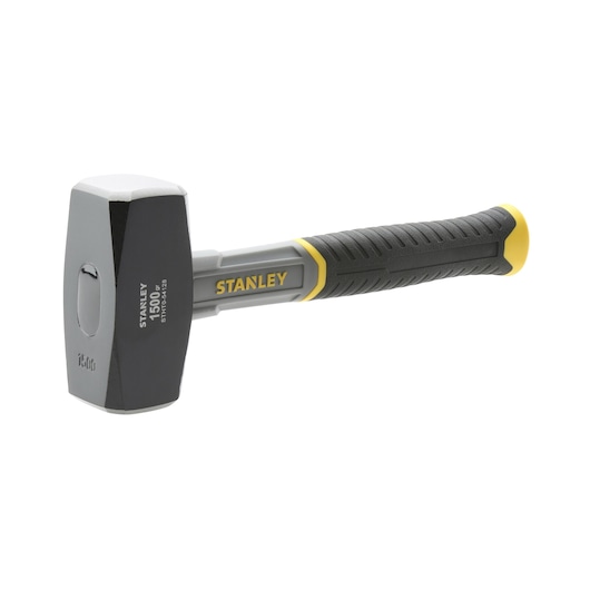 Stanley sledge hammer with a black head and a textured gray and yellow handle, 1500g weight.