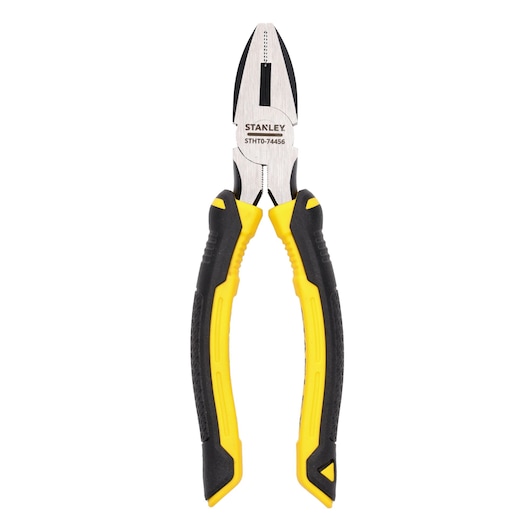 Stanley STHT0-74456 combination pliers with black and yellow handles, shown against a white background.