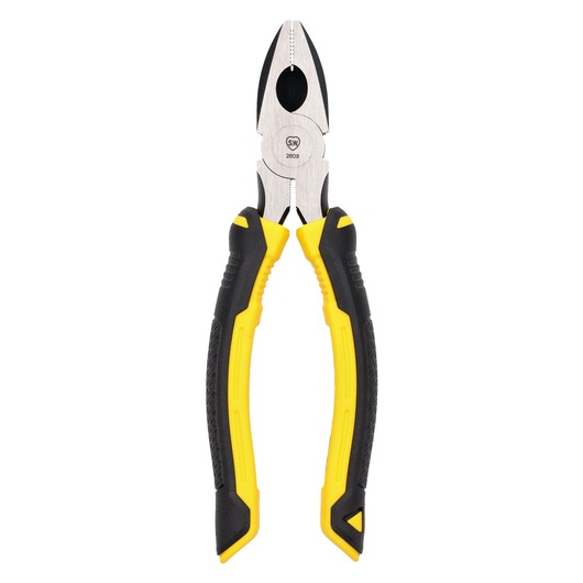 Stanley combination pliers with yellow and black handles, used for gripping and cutting wires.