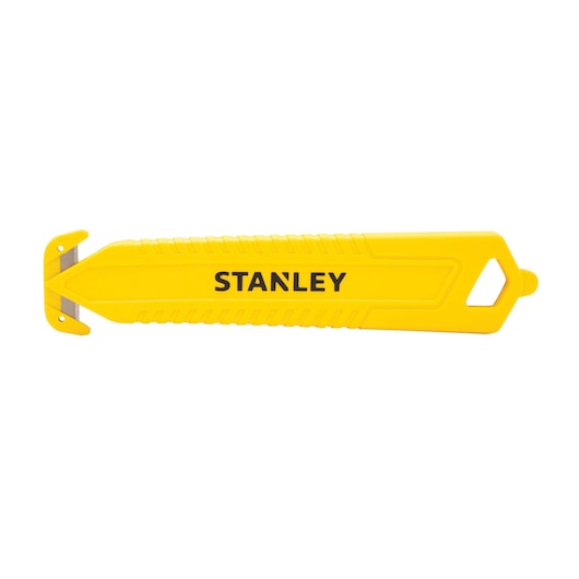 Stanley yellow plastic safety box cutter with concealed blade, side view on white background