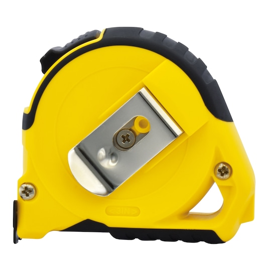 STANLEY STHT30199-8 yellow and black tape measure side view showing metal belt clip.