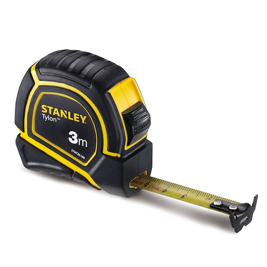 STANLEY STHT36190 tape measure, black and yellow, 3m length, side angle on white background.