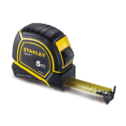 STANLEY STHT36191 measuring tape, 5 meter length, black and yellow, side angle on white background.