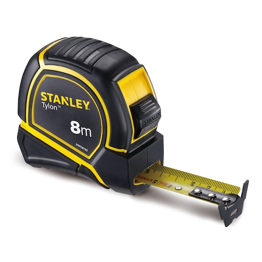 STANLEY STHT36192 tape measure, black and yellow, 8m length, right side view on white background.