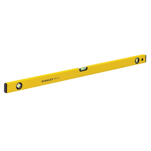 STANLEY STHT42813 yellow spirit level with three bubble vials, front angle on white background.