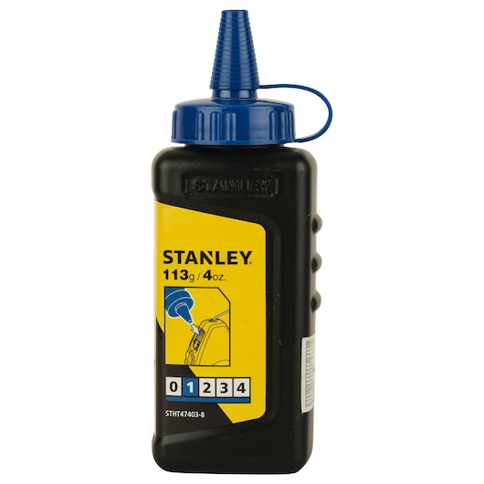 Photo of STANLEY STHT47403-8-KR black chalk bottle with blue nozzle, front angle, 113g/4oz label.