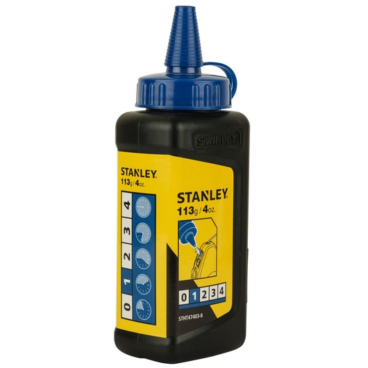 STANLEY STHT47403-8-KR chalk powder bottle, 113g, black container with yellow label and blue cap, front angle.
