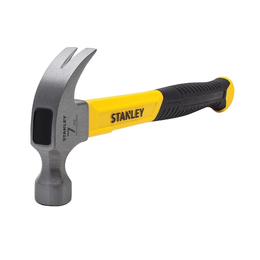 Stanley STHT51346 claw hammer with yellow and black handle, side angle on white background.