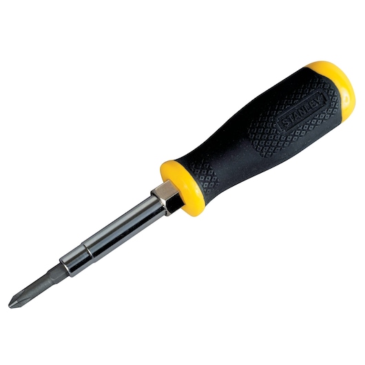 STANLEY STHT68012-8 screwdriver with black and yellow textured handle, angled view on white background.