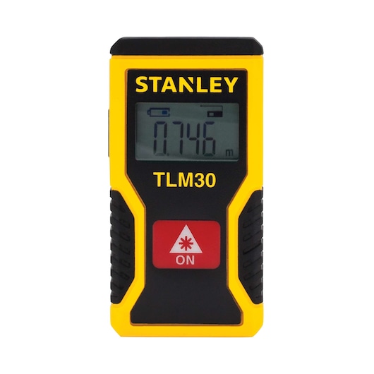 Front angle of STANLEY TLM30 laser distance measurer with yellow and black casing and digital display
