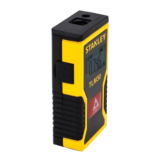 Stanley TLM30 handheld laser distance measurer, yellow and black, angled on white background