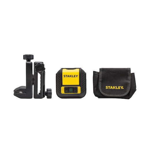 Front shot of STANLEY laser level kit with mount and black carrying pouch on white background.